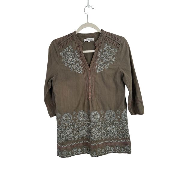 Johnny Was 3J Workshop Brown Floral Embroidered Blouse Boho Artsy Womens Small - Picture 1 of 5